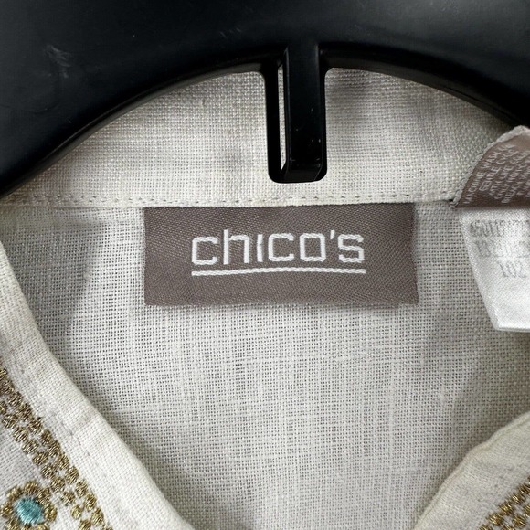 Chicos 100% Linen Jacket Womens 0 (SMALL) Open 3/4 Sleeve Pockets Collarless - Picture 10 of 14